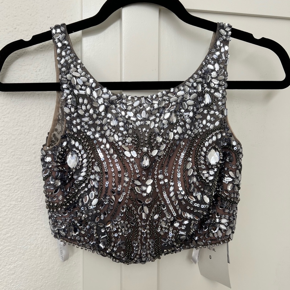 Sherri Hill 11061 Crop Top Dress - Rhinestone - Size 0 Gunmetal Gray Silver NWT